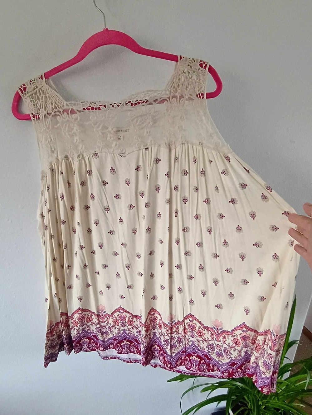 Living Doll 2X Boho Floral Border Print Crochet Lace Sleeveless Rayon Swing Top